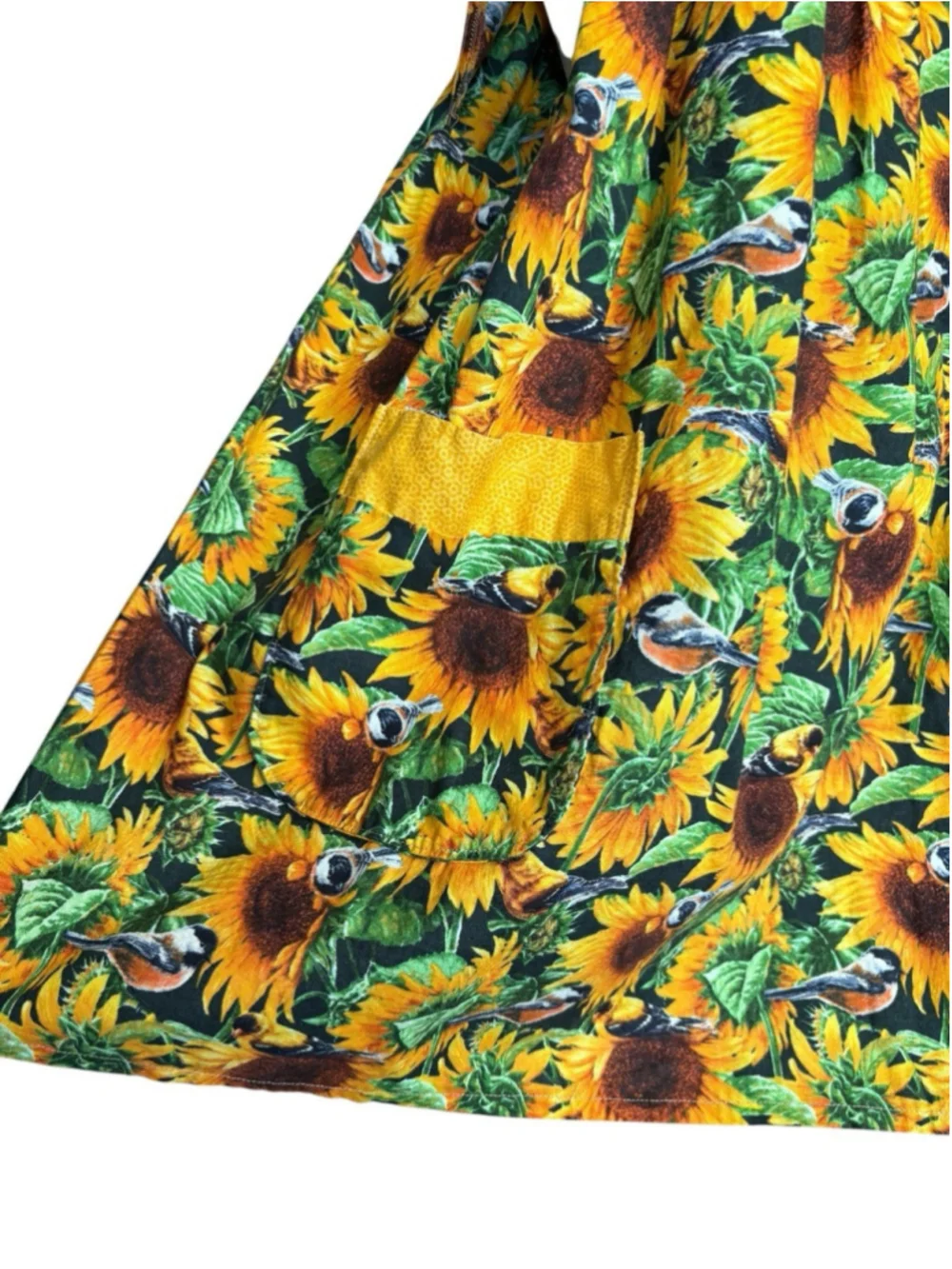 Handmade Sunflower Bird Print Smock Apron Pinafore Open Back Pockets Vintage